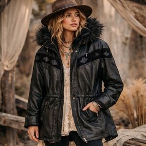 Vintage Black Leather Jacket with Fur Trim